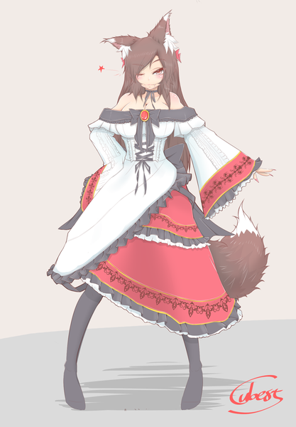 Anime picture 1173x1686 with touhou imaizumi kagerou cube85 single long hair tall image looking at viewer blush breasts simple background smile brown hair large breasts standing bare shoulders signed animal ears cleavage full body tail