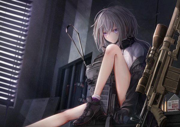 Anime picture 1228x868 with girls frontline m200 (girls frontline) shumeia single long hair blush fringe hair between eyes sitting purple eyes holding payot bent knee (knees) indoors grey hair sunlight off shoulder open jacket looking down low ponytail