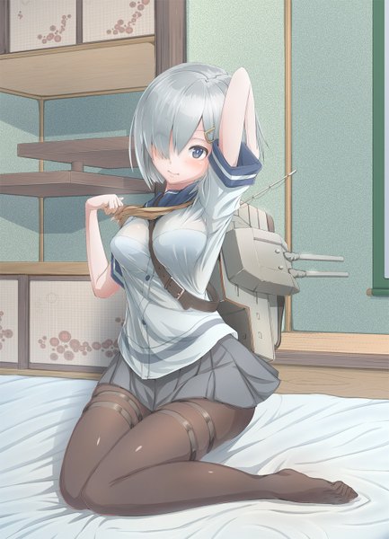 Anime picture 1082x1500 with kantai collection hamakaze destroyer urigarasu single tall image looking at viewer blush fringe short hair blue eyes silver hair one eye closed wink hair over one eye girl skirt weapon pantyhose