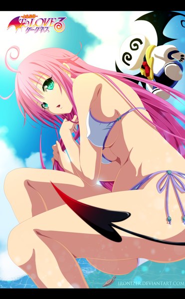 Anime picture 3000x4844 with toloveru toloveru darkness xebec lala satalin deviluke ironizer single long hair tall image highres open mouth light erotic green eyes pink hair sky cloud (clouds) ahoge tail inscription :o from below