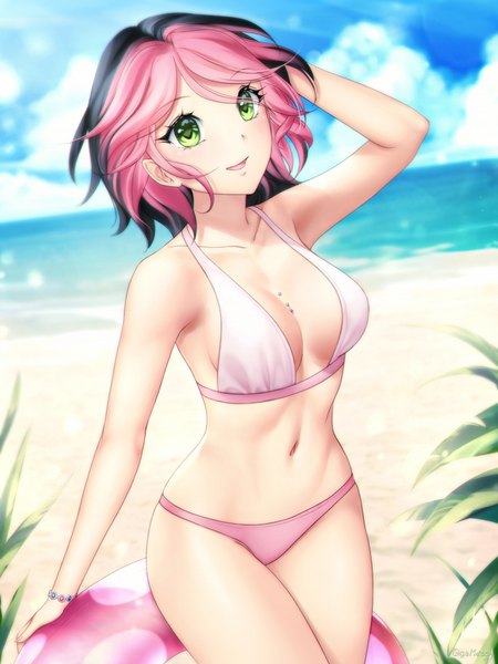 Anime picture 750x1000 with osu! pippi (osu!) gigamessy single tall image looking at viewer blush fringe short hair breasts open mouth light erotic black hair smile standing holding green eyes pink hair sky cloud (clouds)