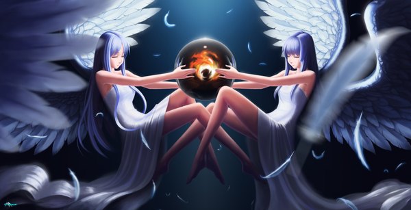 Anime picture 3900x2000 with original darkmuleth long hair highres wide image bare shoulders multiple girls blue hair absurdres eyes closed barefoot twins girl dress 2 girls wings feather (feathers)