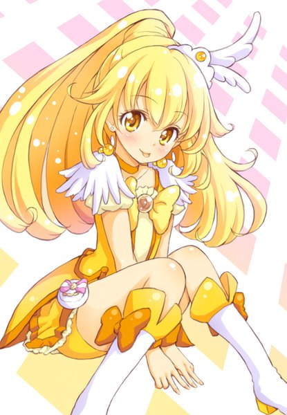 Anime picture 689x996 with precure smile precure! toei animation kise yayoi cure peace tokunou shoutarou single long hair tall image looking at viewer blush fringe blonde hair hair between eyes sitting yellow eyes ponytail fingernails victory long fingernails