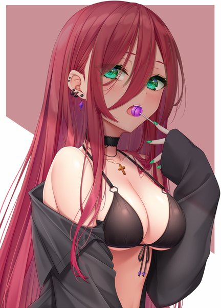 Anime picture 1079x1500 with original yoye (pastel white) single long hair tall image looking at viewer blush fringe breasts open mouth light erotic simple background hair between eyes large breasts holding green eyes upper body red hair long sleeves nail polish