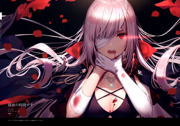 Anime picture 5711x4012 with fate (series) fate/grand order florence nightingale (fate) necomi (gussan) single long hair looking at viewer fringe highres open mouth red eyes signed payot absurdres cleavage silver hair upper body blunt bangs wind scan