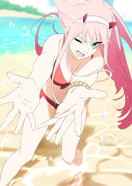 Anime picture 3035x4299 with darling in the franxx studio trigger zero two (darling in the franxx) sakato gintoki single long hair tall image looking at viewer fringe highres breasts open mouth light erotic standing pink hair absurdres sky cleavage outdoors one eye closed