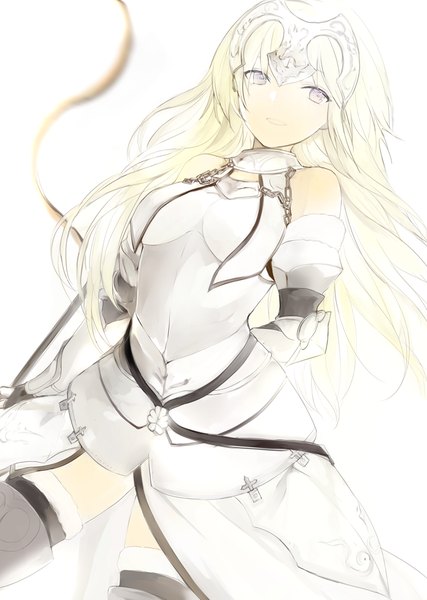 Anime picture 663x932 with fate (series) fate/apocrypha jeanne d'arc (fate) (all) jeanne d'arc (fate) lpip single long hair tall image fringe breasts open mouth simple background blonde hair smile white background purple eyes bare shoulders payot looking away :d