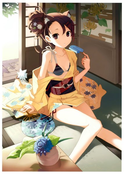 Anime picture 4484x6296 with original blonde blossom (artbook) h2so4 single long hair tall image looking at viewer fringe highres breasts light erotic brown hair sitting brown eyes animal ears absurdres traditional clothes japanese clothes scan off shoulder