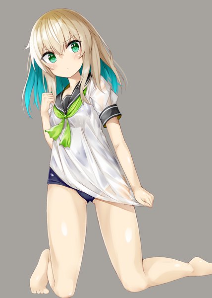 Anime picture 800x1122 with original kavka single tall image blush fringe light erotic blonde hair hair between eyes green eyes looking away multicolored hair barefoot aqua hair two-tone hair short sleeves wet kneeling ass visible through thighs wet clothes