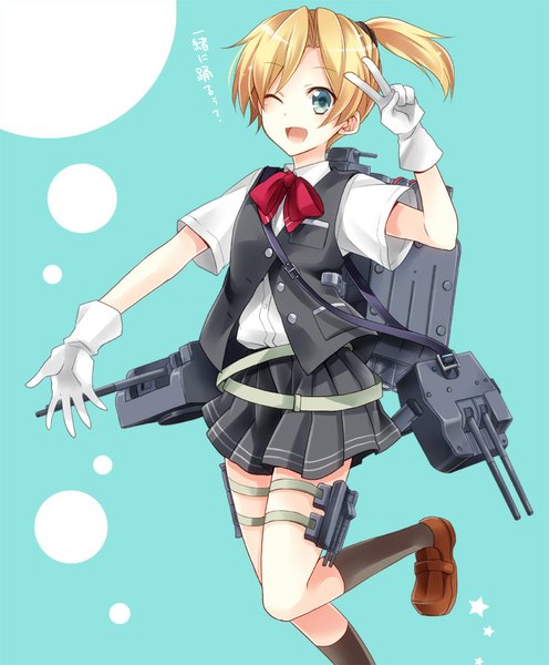 Anime picture 750x907 with kantai collection maikaze destroyer kubyou azami single tall image looking at viewer blush short hair open mouth pleated skirt one eye closed aqua eyes wink outstretched arm side ponytail victory leg lift (legs lift) aqua background girl skirt