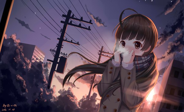 Anime picture 4961x3024 with original qi==qi single long hair looking at viewer blush highres brown hair wide image brown eyes absurdres sky cloud (clouds) evening sunset exhalation girl jacket scarf