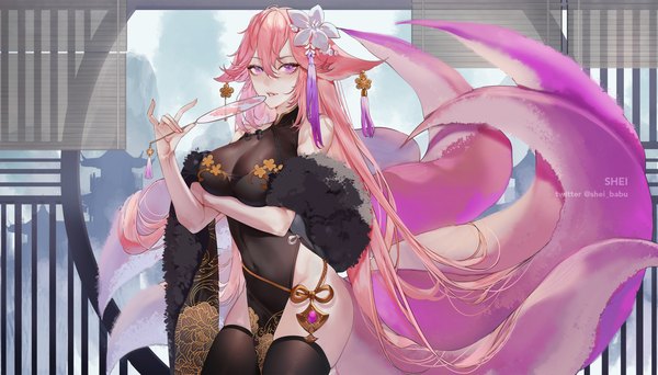 Anime picture 2500x1426 with genshin impact yae miko shei99 single long hair looking at viewer fringe highres breasts light erotic smile hair between eyes wide image large breasts standing bare shoulders holding signed animal ears pink hair