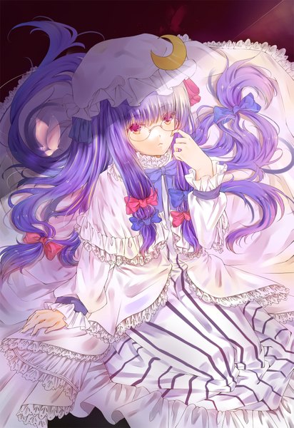 Anime picture 1181x1717 with touhou patchouli knowledge vieny single long hair tall image looking at viewer red eyes sitting purple hair crescent girl bow hair bow glasses moon bonnet pajamas