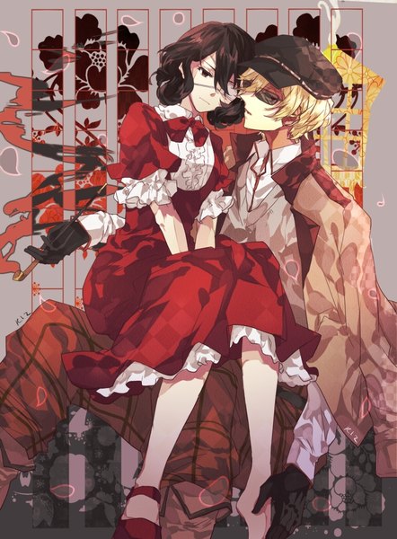 Anime picture 882x1198 with another bungou stray dogs studio bones p.a. works misaki mei ayatsuji yukito rainy4024 long hair tall image looking at viewer fringe short hair black hair blonde hair hair between eyes sitting holding brown eyes payot looking away