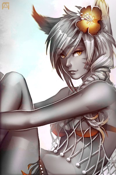 Anime picture 864x1296 with final fantasy final fantasy xiv square enix pechan (artist) single long hair tall image fringe breasts light erotic smile sitting bare shoulders animal ears ahoge bent knee (knees) braid (braids) parted lips multicolored hair hair flower