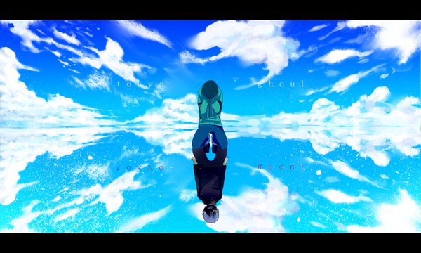 Anime picture 3000x1800 with tokyo ghoul studio pierrot kaneki ken winni single highres short hair black hair wide image sitting sky cloud (clouds) white hair kneeling reflection letterboxed boy mask