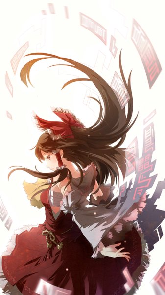 Anime picture 2898x5152 with touhou hakurei reimu igneous25 single long hair tall image blush highres brown hair brown eyes looking back from behind girl hair ornament bow ribbon (ribbons) hair bow detached sleeves hair tubes sarashi