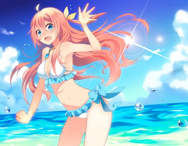 Anime picture 1900x1483 with vocaloid megurine luka temari (deae) single long hair blush highres open mouth blue eyes light erotic pink hair sky cloud (clouds) lens flare girl navel swimsuit bikini sea pendant