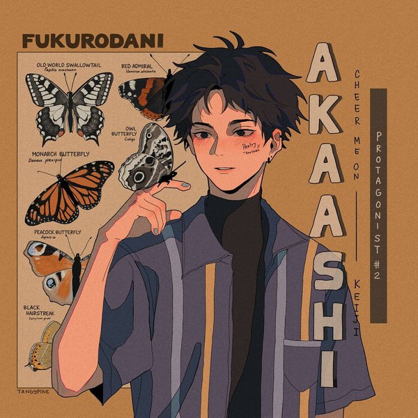 Anime picture 1080x1080 with haikyuu!! production i.g akaashi keiji tangypine single blush short hair black hair simple background signed looking away nail polish parted lips arm up black eyes open shirt character names piercing ear piercing butterfly on hand