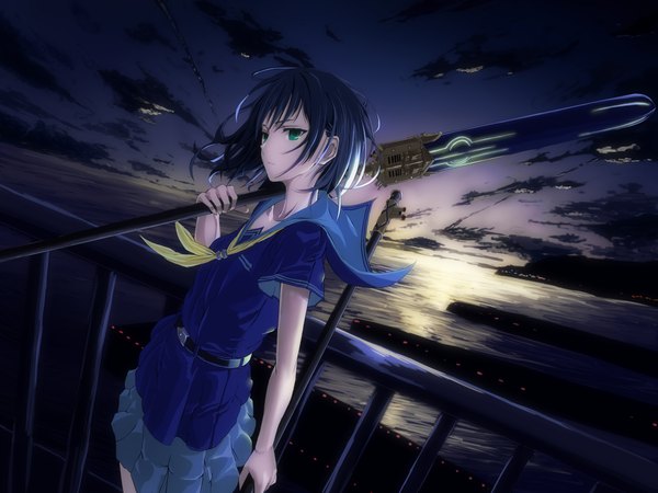 Anime-Bild 1920x1440 mit original mikisai single fringe highres short hair black hair standing holding green eyes payot looking away sky cloud (clouds) outdoors parted lips pleated skirt wind short sleeves evening