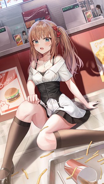 Anime picture 848x1500 with original minari (lmina09) long hair tall image looking at viewer blush fringe breasts open mouth blue eyes brown hair bare shoulders multiple girls bent knee (knees) indoors blunt bangs arm support shadow short sleeves dutch angle
