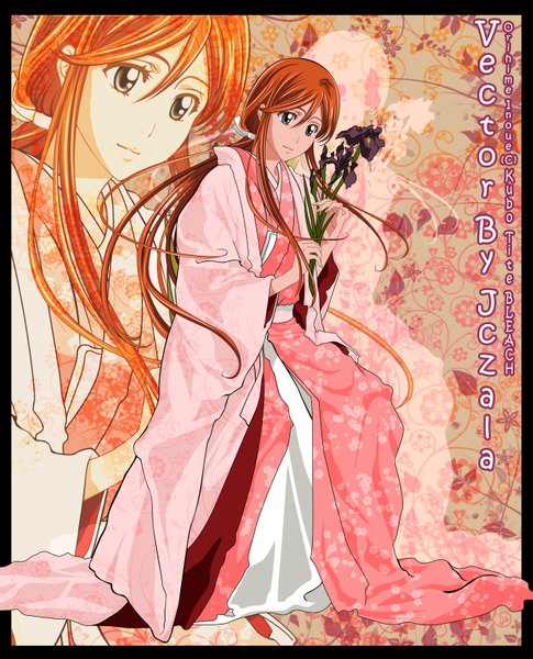 Anime picture 2527x3124 with bleach studio pierrot inoue orihime jczala long hair tall image highres japanese clothes orange hair framed girl flower (flowers) kimono iris (flower)