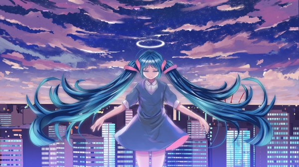 Anime picture 1366x768 with vocaloid hatsune miku canji0 single wide image sky cloud (clouds) eyes closed very long hair aqua hair city girl dress ribbon (ribbons) hair ribbon halo