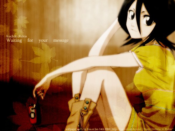 Anime picture 1280x960 with bleach studio pierrot kuchiki rukia kubo tite kzaer single looking at viewer short hair black hair sitting signed black eyes text dated english third-party edit girl dress boots leaf (leaves)