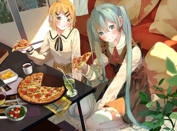 Anime picture 2300x1706 with vocaloid hatsune miku kagamine rin bou shaku long hair looking at viewer blush highres short hair blue eyes blonde hair smile sitting multiple girls yellow eyes blue hair bent knee (knees) indoors pleated skirt sunlight
