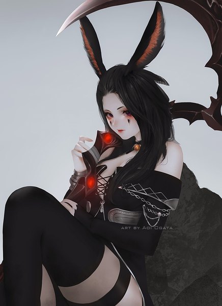 Anime picture 1080x1485 with final fantasy final fantasy xiv square enix viera aoi ogata single long hair tall image looking at viewer black hair simple background sitting purple eyes bare shoulders signed animal ears bent knee (knees) lips off shoulder bunny ears