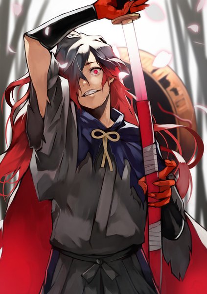 Anime picture 1058x1500 with fate (series) fate/grand order okada izou (fate) yoshio (55level) single long hair tall image looking at viewer black hair smile red eyes red hair traditional clothes japanese clothes gradient hair unsheathing crazy smile boy weapon sword