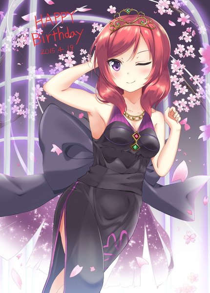 Anime picture 1773x2475 with love live! school idol project sunrise (studio) love live! nishikino maki karumayu single tall image blush highres short hair smile standing purple eyes bare shoulders red hair one eye closed wink cherry blossoms arm behind head girl