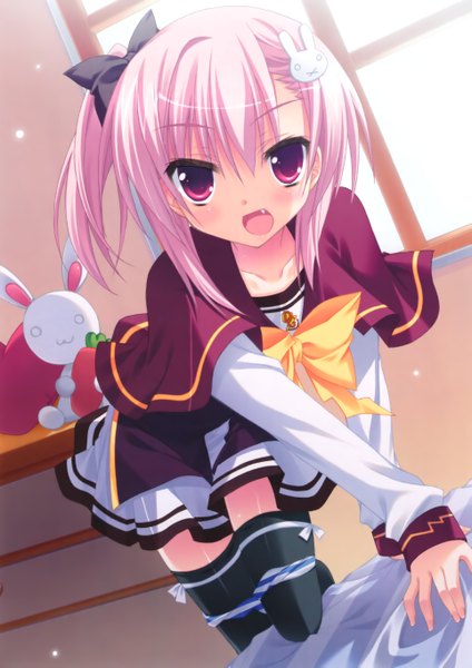 Anime picture 3850x5445 with moribe (rabumanyo) tall image highres open mouth light erotic animal ears pink hair absurdres pink eyes one side up girl thighhighs underwear panties bow black thighhighs hair bow serafuku bunny