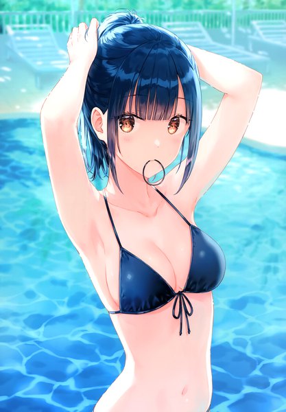 Anime picture 2406x3464 with original hiten (hitenkei) single tall image looking at viewer blush fringe highres short hair breasts light erotic black hair large breasts standing yellow eyes payot ponytail blunt bangs blurry scan