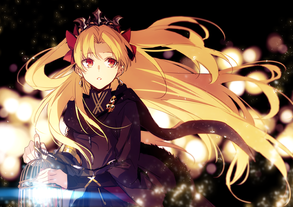Anime picture 990x700 with fate (series) fate/grand order ereshkigal (fate) xia (ryugo) single long hair fringe open mouth blonde hair red eyes holding looking away upper body parted lips two side up floating hair lens flare black background girl ribbon (ribbons)