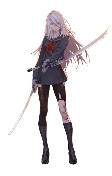 Anime picture 2700x4241 with nier nier:automata yorha type a no. 2 roong single long hair tall image looking at viewer fringe highres blue eyes simple background hair between eyes standing white background holding silver hair full body long sleeves pleated skirt