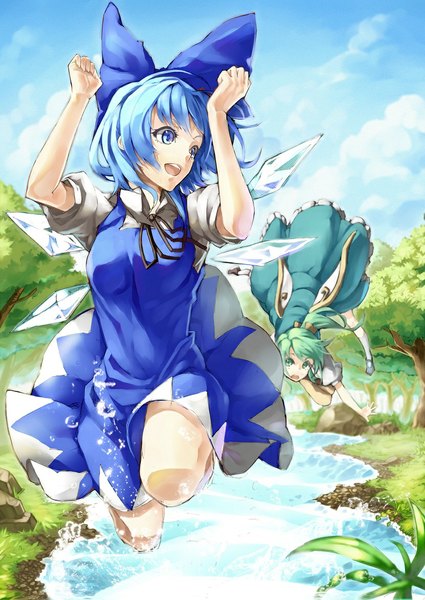Anime picture 830x1173 with touhou cirno daiyousei scottie (phantom2) tall image short hair open mouth blue eyes multiple girls green eyes blue hair looking away sky cloud (clouds) ponytail green hair side ponytail flying river girl