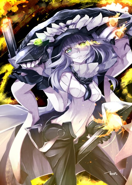 Anime picture 929x1300 with kantai collection wo-class aircraft carrier suohachi single long hair tall image looking at viewer blush signed purple hair teeth heterochromia covered navel glowing glowing eye (eyes) pale skin between legs shinkaisei-kan girl gloves
