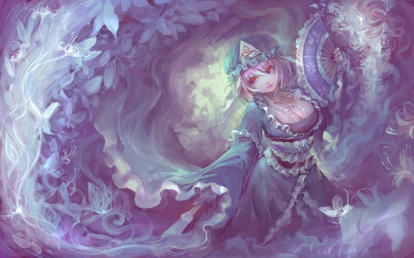 Anime picture 1260x787 with touhou saigyouji yuyuko alcd single breasts light erotic smile wide image pink hair cleavage pink eyes girl dress hat belt insect butterfly fan