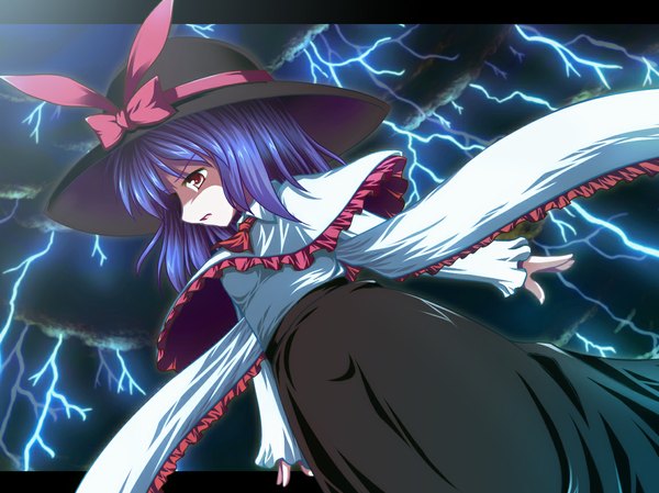 Anime picture 1147x860 with touhou nagae iku short hair purple hair lightning girl ribbon (ribbons) hat dagu