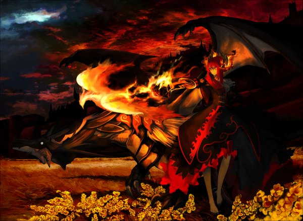 Anime picture 4100x3000 with ukai saki highres red eyes absurdres sky cloud (clouds) red hair horn (horns) pointy ears demon girl girl dress flower (flowers) sword armor fire dragon phoenix