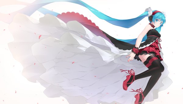 Anime picture 3500x1990 with 7th dragon 2020 vocaloid hatsune miku fhang single looking at viewer fringe highres simple background wide image white background twintails bare shoulders bent knee (knees) very long hair nail polish aqua eyes aqua hair girl thighhighs