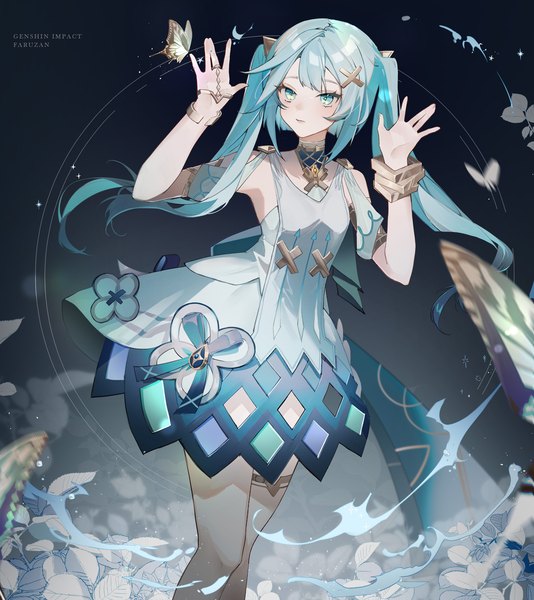 Anime picture 1500x1686 with genshin impact faruzan (genshin impact) artue single long hair tall image twintails looking away aqua eyes aqua hair arms up copyright name character names girl dress hair ornament bracelet insect butterfly x hair ornament