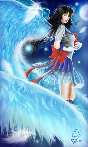 Anime picture 2000x3322 with bishoujo senshi sailor moon toei animation sailor saturn tiodpraz single long hair tall image highres black hair sky pleated skirt lips realistic grey eyes angel wings girl gloves bow wings elbow gloves