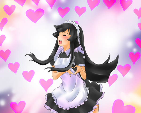 Anime picture 1280x1024 with k-on! kyoto animation akiyama mio single long hair blush open mouth black hair eyes closed maid heart hands girl heart