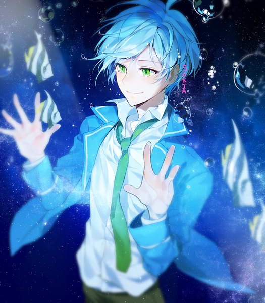 Anime picture 700x800 with ensemble stars! shinkai kanata sorolp single tall image short hair smile green eyes signed blue hair looking away tears boy uniform school uniform animal necktie bubble (bubbles) fish (fishes)