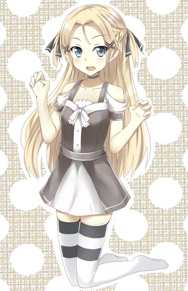 Anime picture 1256x1945 with original tazaki hayato single long hair tall image looking at viewer blush open mouth blue eyes blonde hair two side up girl thighhighs dress hair ornament white thighhighs x hair ornament