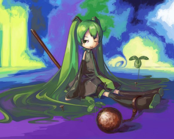 Anime picture 1024x819 with vocaloid hatsune miku myu (artist) long hair sitting twintails green eyes very long hair one eye closed green hair wink girl thighhighs black thighhighs detached sleeves necktie clover (plant) screw ball and chain