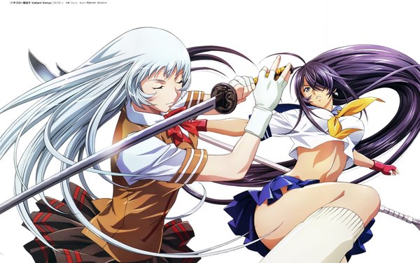 Anime picture 9870x6187 with ikkitousen kanu unchou chouun shiryuu rin sin long hair fringe highres blue eyes light erotic simple background white background multiple girls absurdres silver hair purple hair ponytail eyes closed scan hair over one eye official art