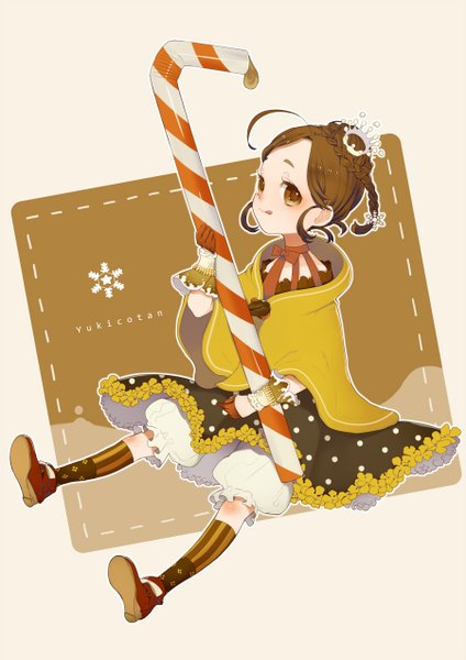 Anime picture 900x1273 with original yukijirushi yukiko-tan koyori koyori single tall image looking at viewer blush short hair smile brown hair sitting brown eyes polka dot girl dress gloves socks tongue crown